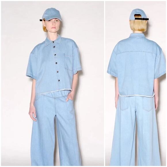 Rosetta Getty $730 Cropped Denim Shirt Mid Blue Wide Boxy fit - Picture 1 of 9